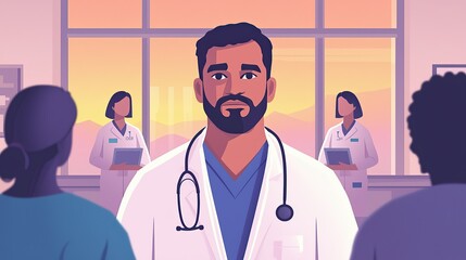 A healthcare professional stands confidently, surrounded by colleagues in a modern medical setting at sunset.