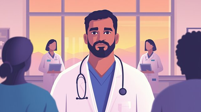 A healthcare professional stands confidently, surrounded by colleagues in a modern medical setting at sunset.