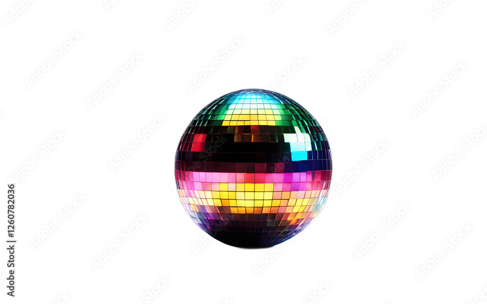 Poster a small disco light ball casting colorful beams, isolated on a empty plain background