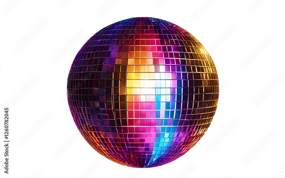 Poster a small disco light ball casting colorful beams, isolated on a empty plain background