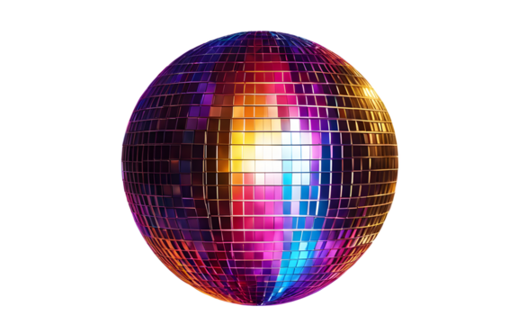 A small disco light ball casting colorful beams, isolated on a empty plain background