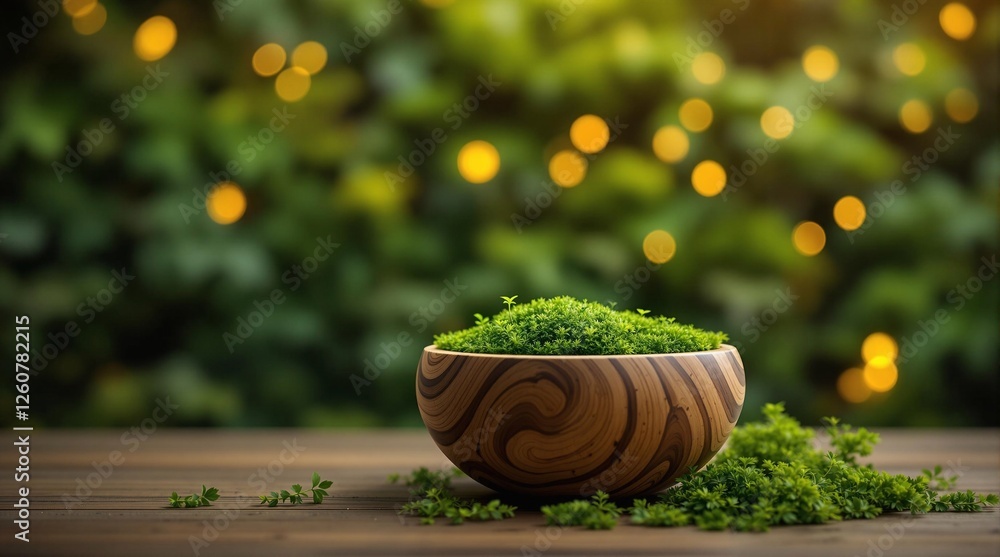 Poster a wooden bowl filled with vibrant green microgreens placed on a wooden surface. the background is so