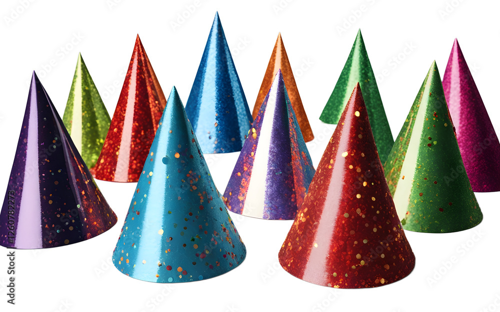Poster A stack of party hats in different bright colors, isolated on a empty plain background
