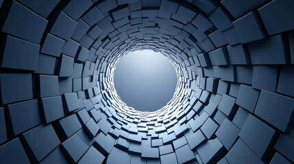 Naklejka premium mesmerizing view of circular tunnel made of interlocking blue cubes, creating sense of depth and perspective. light at end adds intriguing atmosphere