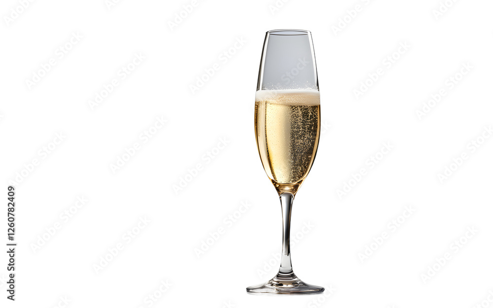 Poster a transparent champagne glass filled with bubbly liquid, isolated on a empty plain background