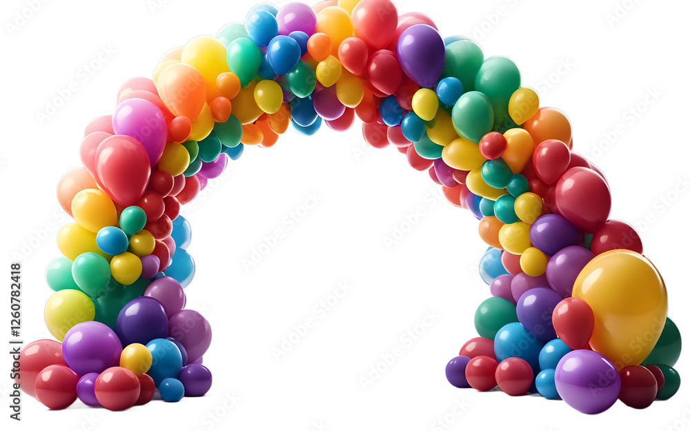 Poster a vibrant balloon arch with rainbow colors, isolated on a empty plain background