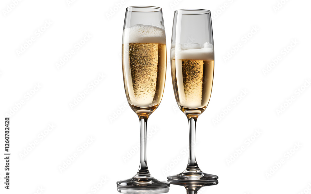 Poster a transparent champagne glass filled with bubbly liquid, isolated on a empty plain background