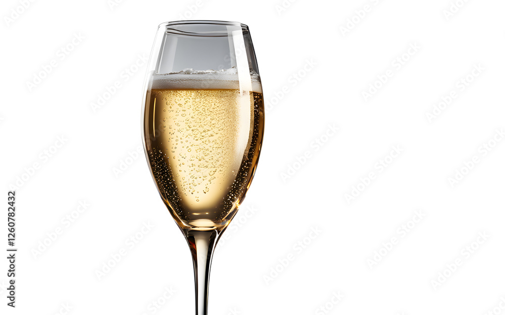 Poster a transparent champagne glass filled with bubbly liquid, isolated on a empty plain background