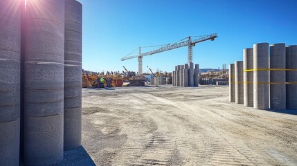 Construction site with concrete pipes and crane