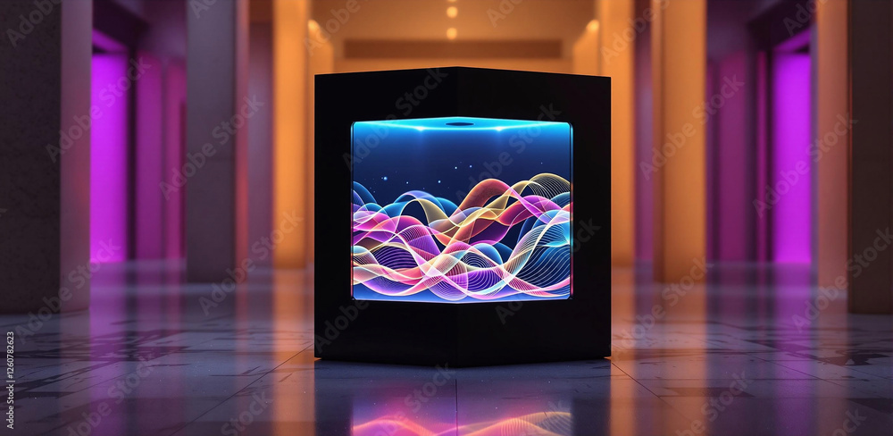 Poster a vivid, illuminated room with a large, square-shaped object in the center, emitting a radiant blue 
