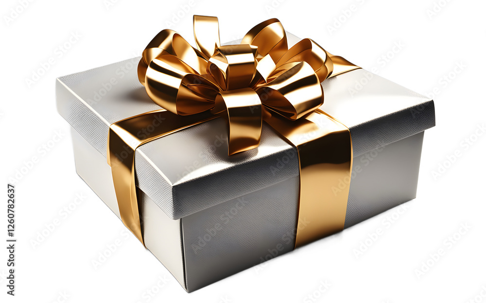 Poster A wrapped gift box with a shiny bow, isolated on a empty plain background