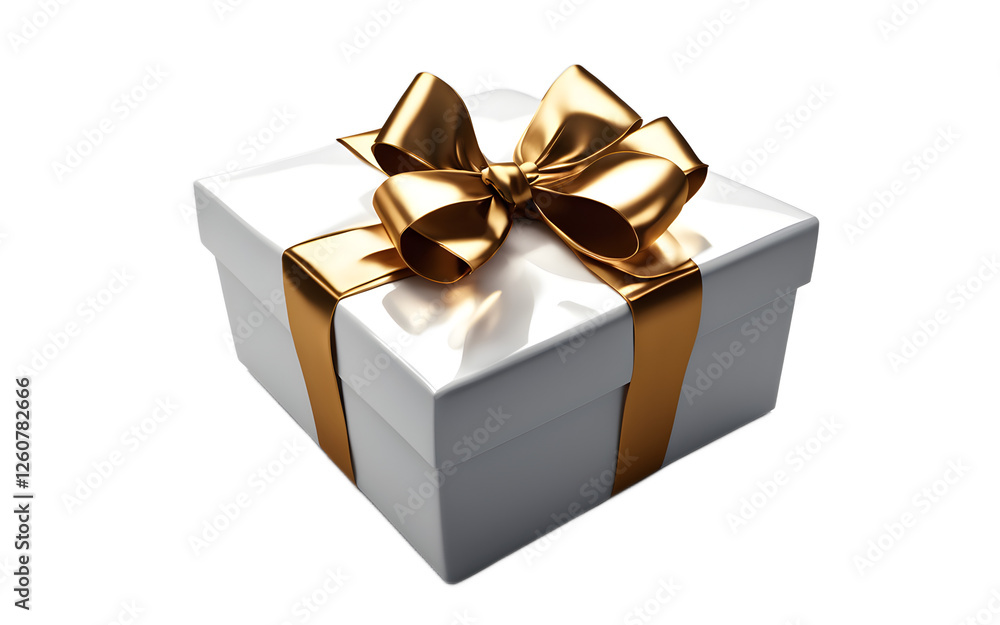 Poster A wrapped gift box with a shiny bow, isolated on a empty plain background