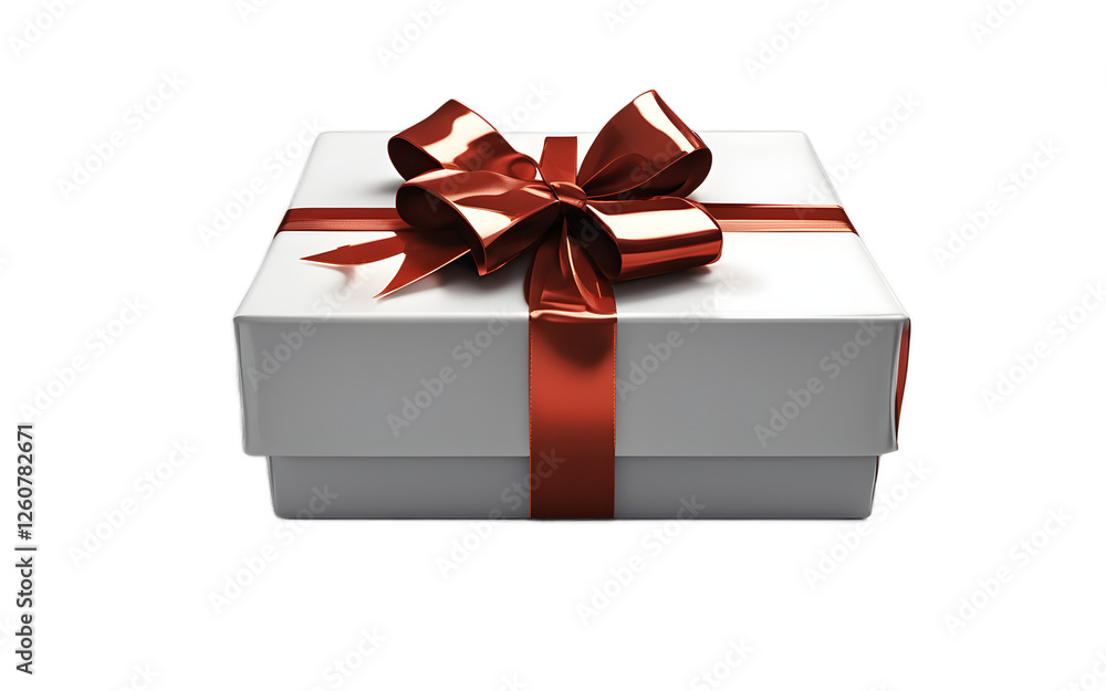 Poster A wrapped gift box with a shiny bow, isolated on a empty plain background