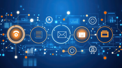 Digital communication icons with network connections and data visualization