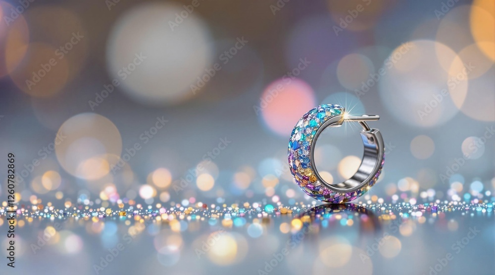 Aufkleber a sparkling, multi-colored hoop earring set against a bokeh of lights, with a shimmering surface ben