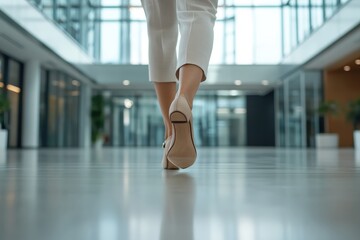 Businesswoman walking in modern office corridor wearing elegant high heels shoes