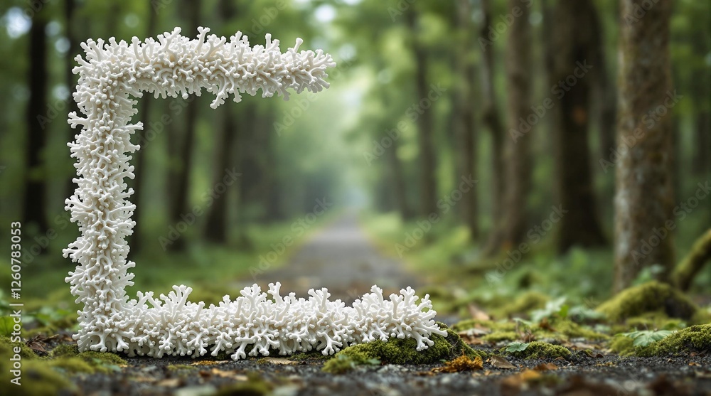 Poster a photograph of a forest floor covered with moss and white mushrooms, with a blurred background of t