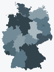 Obraz premium Map of Germany with regions. Just a simple country border map with region division. Blue grey color palette. Plain Germany shape with administrative division. Vector illustration.