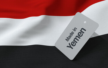 Yemeni flag with Made in Yemen on a price tag - 3D Illustration