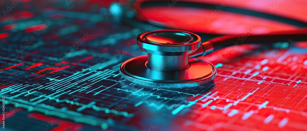 Poster Stethoscope and digital health chart concept. Stethoscope on a digital background with blue and red light effects, symbolizing healthcare technology.