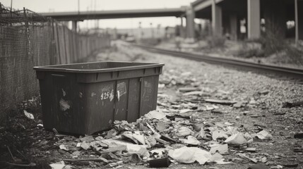 Naklejka premium Urban decay trash bin near railway tracks