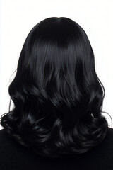 Naklejka premium Jet Black Wavy Hair: Luxurious, long, wavy black hair cascading down, showcasing a healthy shine and smooth texture. The image focuses on the back view.