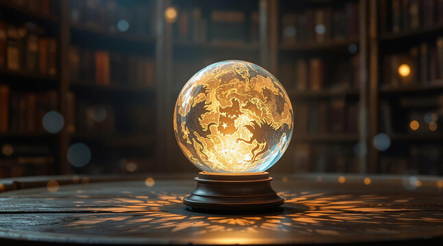 A magical crystal ball placed on a wooden table in a library, surrounded by bookshelves filled with books. The crystal ball is illuminated, revealing intricate details of the world inside. The library