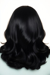 Naklejka premium Jet Black Waves: A luxurious cascade of jet black hair flows in soft waves, exuding elegance and timeless beauty. This close-up shot captures the texture and shine of the hair.