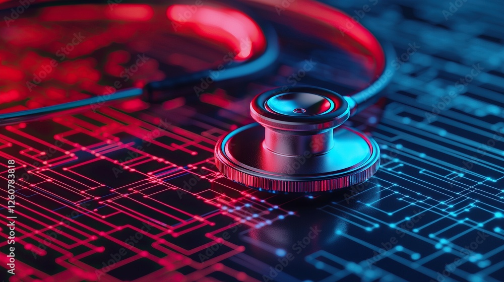 Aufkleber stethoscope and digital health chart concept. stethoscope on a digital circuit background, symbolizi