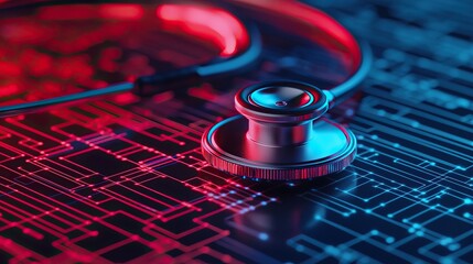 Stethoscope and digital health chart concept. Stethoscope on a digital circuit background, symbolizing health technology and innovation.