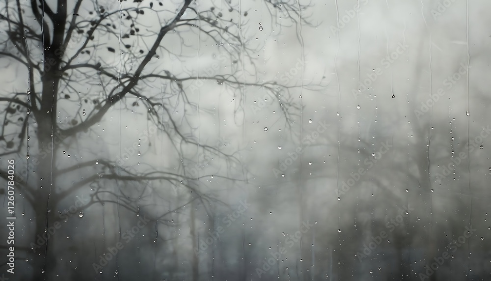 Poster raindrops on the window with silhouettes of trees in the background