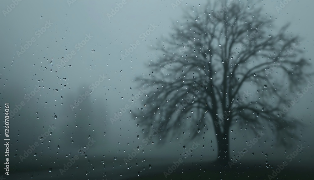 Poster raindrops on the window with silhouettes of trees in the background
