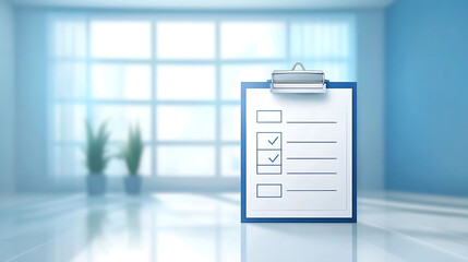 Clipboard with checklist in a bright medical office environment with soft focus background and copy space