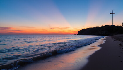 Sunset over ocean with cross on beach