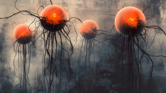 Glowing Spheres with Dark Tendrils Abstract Sci-fi Concept Art