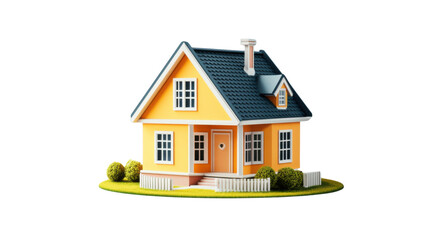 Charming yellow house with white picket fence on transparent background