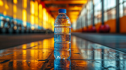 Plastic water bottle with silicone sleeve placed on gym floor near workout area during a fitness session