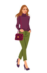 A woman in a purple sweater and green pants is walking with a red purse. She is wearing high heels and has a red purse