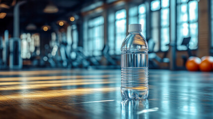Plastic water bottle with silicone sleeve placed on gym floor near workout area during a fitness session