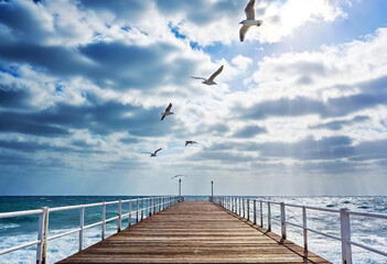 Anime Seaside Boardwalk: An empty boardwalk along the ocean, waves crashing softly below as seagulls circle above.