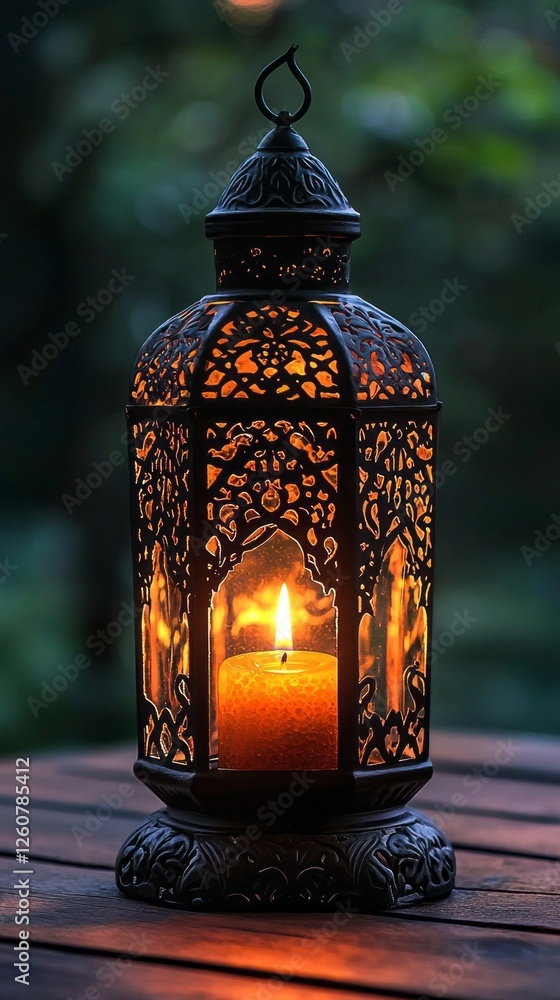 Poster a beautifully designed arabic lantern illuminates a serene garden, its intricate patterns dancing wi