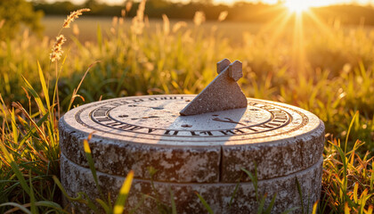 Ancient stone sundial in sunlight, surrounded by grass, representing astronomy and timekeeping