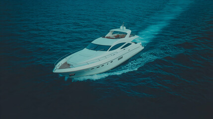 Luxury yacht cruising ocean; sunset background; travel brochure