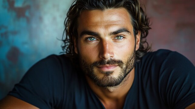 Handsome man portrait, studio shot, textured background, intense gaze, modeling use