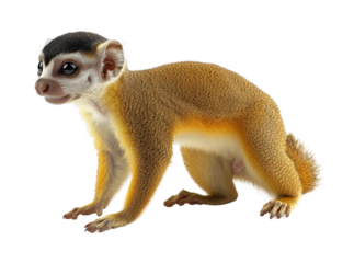 Wildlife portrait of a playful squirrel monkey isolated on transparent background, png