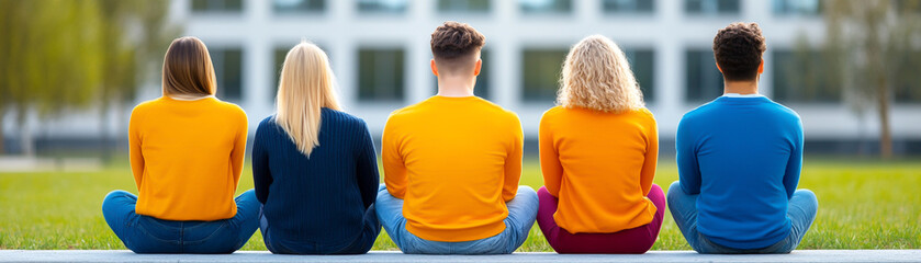 Fototapeta premium Friends and strangers sit together, enjoying sunny day outdoors