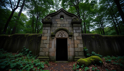 Obraz premium Abandoned stone structure in a lush green forest