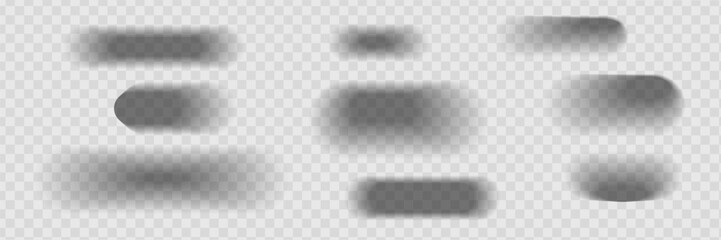 Square and rectangle box shadow effects. Realistic overlay and transparent shadows vector set, shades falling from objects on floor with soft black edges and dark corners, transparent background