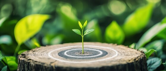 Sustainable development and renewable resource. A small plant sprouts from a tree stump surrounded by green leaves.