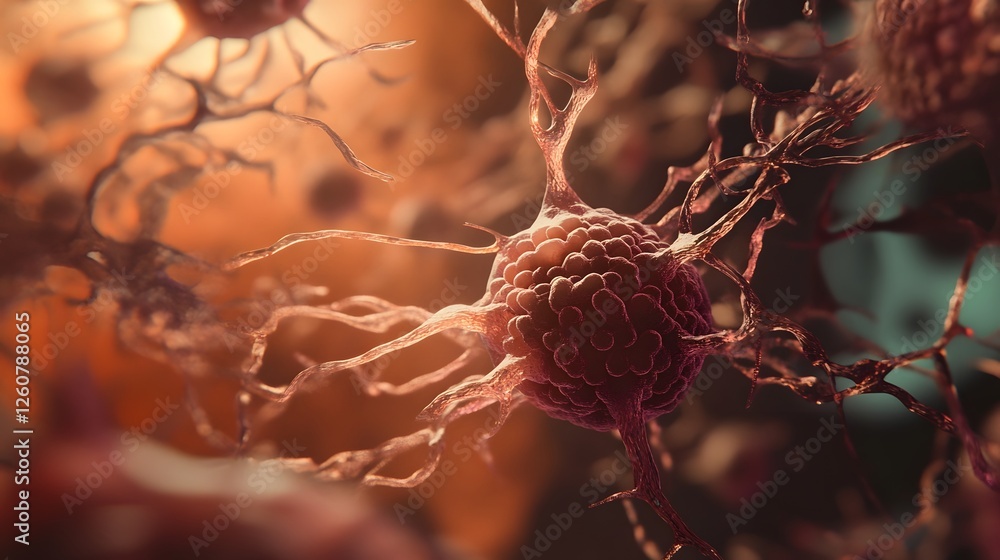 Aufkleber Captivating close up view of the intricate microscopic structures and organic patterns within a nerve cell showcasing a vibrant color palette in shades of red orange and brown